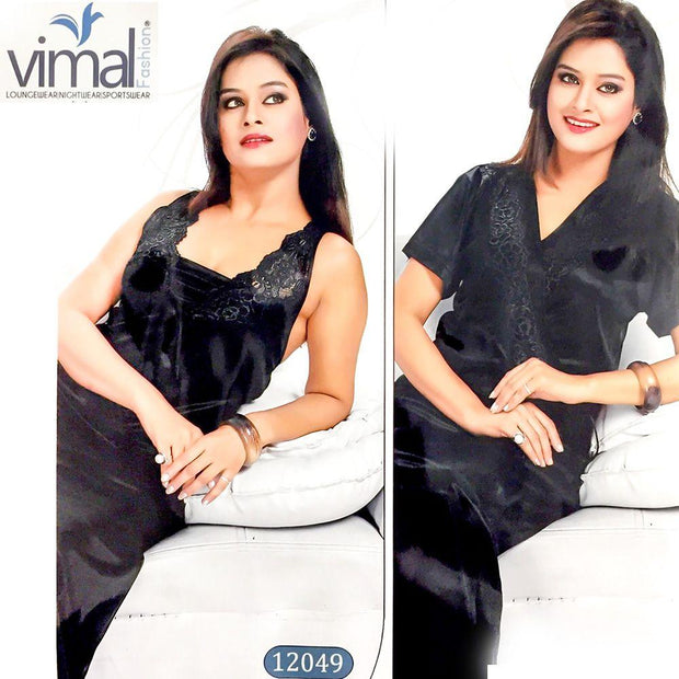 2 Pcs Black Long Nighty Set with Gown - V12049 - Satin Silk Nighty by Vimal Fashion - Nighty Sets - diKHAWA Online Shopping in Pakistan