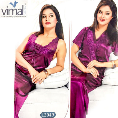 2 Pcs Maroon Long Nighty Set with Gown - V12049 - Satin Silk Nighty by Vimal Fashion - Nighty Sets - diKHAWA Online Shopping in Pakistan