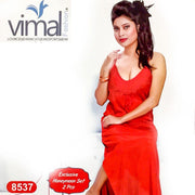 2 Pcs Red Queen Nighty Set with Gown - V8537 - Satin Silk Nighty by Vimal Fashion - Nighty Sets - diKHAWA Online Shopping in Pakistan