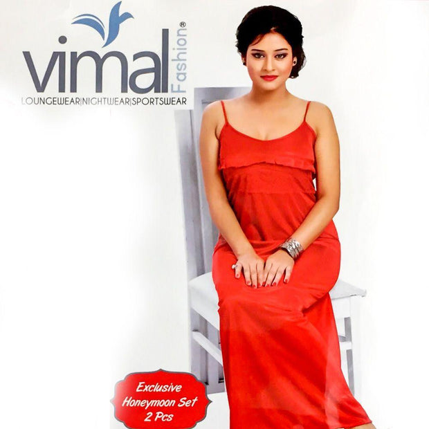 2 Pcs Bridal Red Nighty Set with Gown - V8069 - Satin Silk Nighty by Vimal Fashion - Nighty Sets - diKHAWA Online Shopping in Pakistan