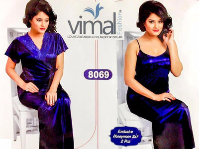 2 Pcs Royal Blue Nighty Set with Gown - V8069 - Satin Silk Nighty by Vimal Fashion - Nighty Sets - diKHAWA Online Shopping in Pakistan