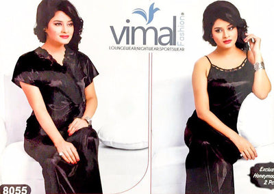 2 Pcs Wedding Nighty Set with Gown - V8055 - Black Satin Silk Nighty by Vimal Fashion - Nighty Sets - diKHAWA Online Shopping in Pakistan