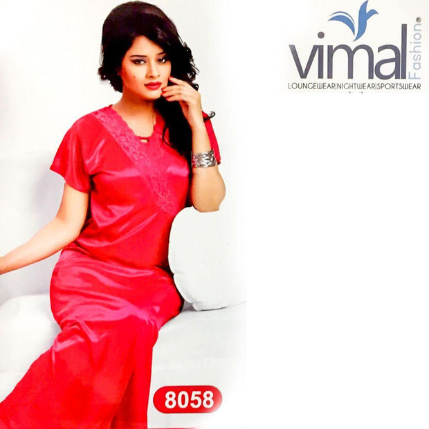 2 Pcs Wedding Red Long Nighty Set with Gown - V8058 - Satin Silk Nighty by Vimal Fashion - Nighty Sets - diKHAWA Online Shopping in Pakistan