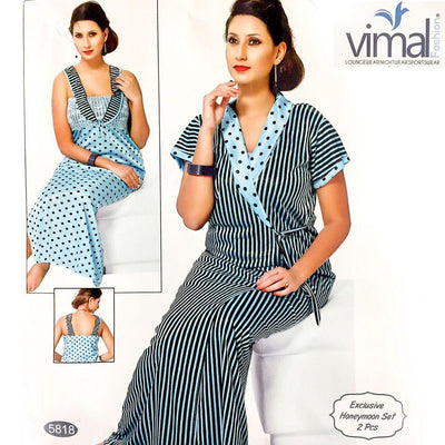 Designer 2 Pcs Nighty Set - Zebra Stripes & Polka Dotted Nighty Set - V5818 - Satin Silk Nighty by Vimal Fashion - Nighty Sets - diKHAWA Online Shopping in Pakistan