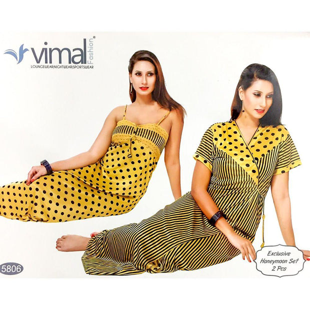 Designer 2 Pcs Nighty Set - Zebra Stripes & Polka Dotted Nighty Set - V5806 - Satin Silk Nighty by Vimal Fashion - Nighty Sets - diKHAWA Online Shopping in Pakistan