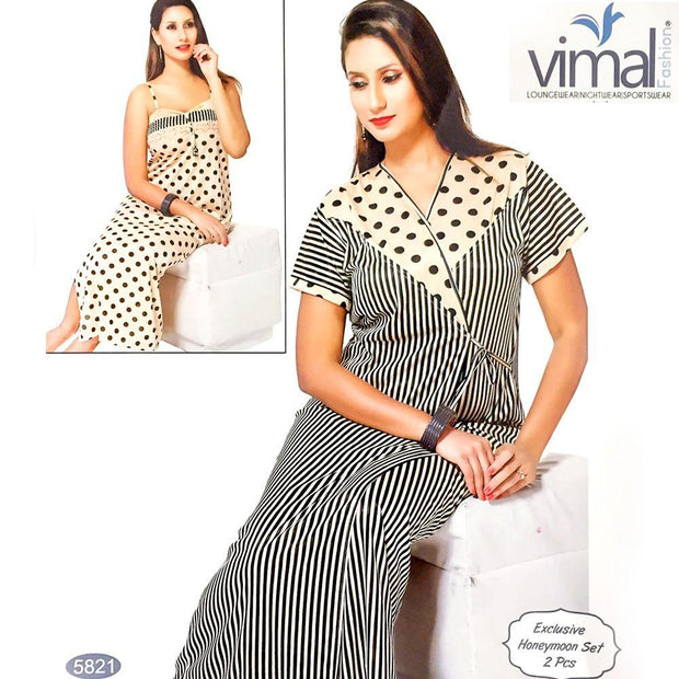 Designer 2 Pcs Nighty Set - Zebra Stripes & Polka Dotted Nighty Set - V5821 - Satin Silk Nighty by Vimal Fashion - Nighty Sets - diKHAWA Online Shopping in Pakistan