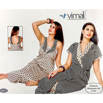 Designer 2 Pcs Nighty Set - Zebra Stripes & Polka Dotted Nighty Set - V5807 - Satin Silk Nighty by Vimal Fashion - Nighty Sets - diKHAWA Online Shopping in Pakistan