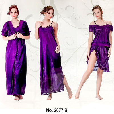 Designer 3 Pcs Nighty Set - SW-2077B - Satin Silk Nighty by Skin Wrap - Nighty Sets - diKHAWA Online Shopping in Pakistan