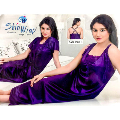 Premium 2 Pcs Purple Nighty Set - SW-1001D - Satin Silk Nighty by Skin Wrap - Nighty Sets - diKHAWA Online Shopping in Pakistan