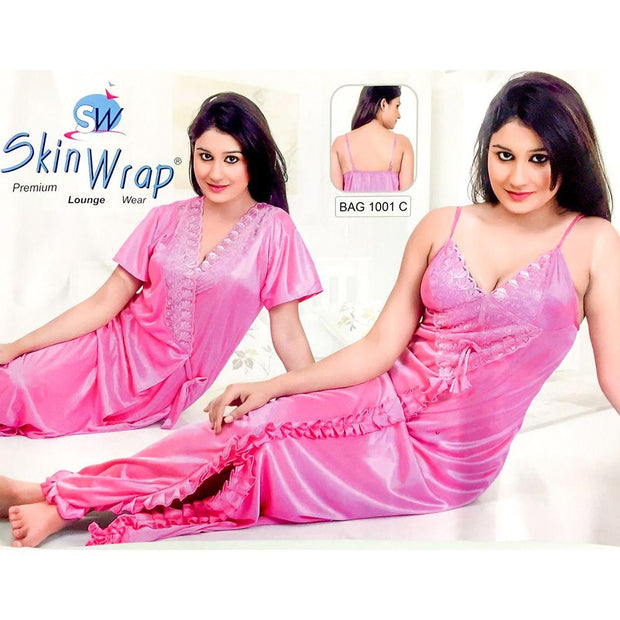 Premium 2 Pcs Pink Nighty Set - SW-1001C - Satin Silk Nighty by Skin Wrap - Nighty Sets - diKHAWA Online Shopping in Pakistan