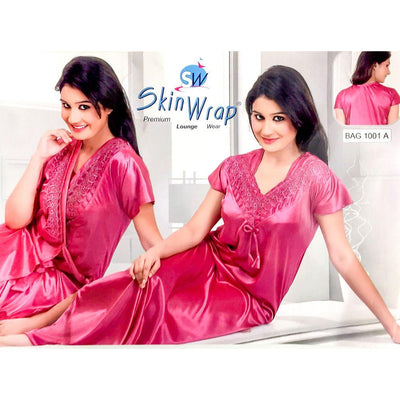 Premium 2 Pcs Super Pink Nighty Set - SW-1001A - Satin Silk Nighty by Skin Wrap - Nighty Sets - diKHAWA Online Shopping in Pakistan