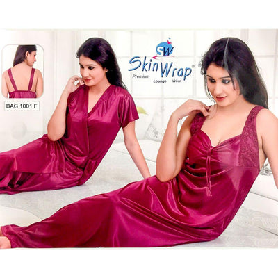 Premium 2 Pcs Maroon Nighty Set - SW-1001F - Satin Silk Nighty by Skin Wrap - Nighty Sets - diKHAWA Online Shopping in Pakistan