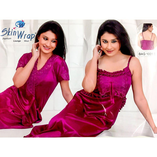 Premium 2 Pcs Hot Pink Nighty Set - SW-1001F - Satin Silk Nighty by Skin Wrap - Nighty Sets - diKHAWA Online Shopping in Pakistan