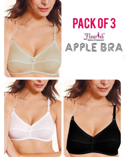 Pack of 3 - Apple Bra - Flourish - Non Padded & Non Wired Cotton Basic Bra