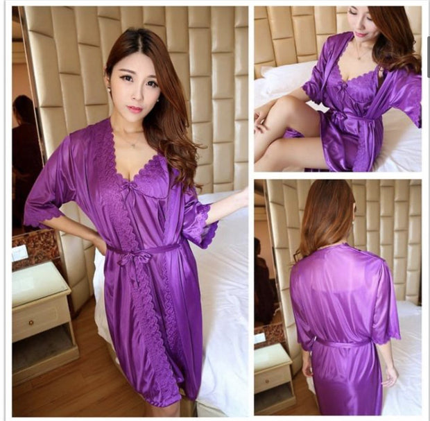 Short Night Dress & Full Sleeves Robe - Purple - Satin