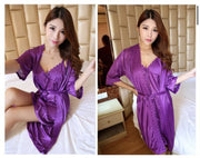 Short Night Dress & Full Sleeves Robe - Purple - Satin