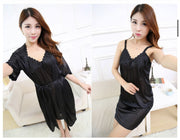 Short Night Dress & Full Sleeves Robe - Black - Satin