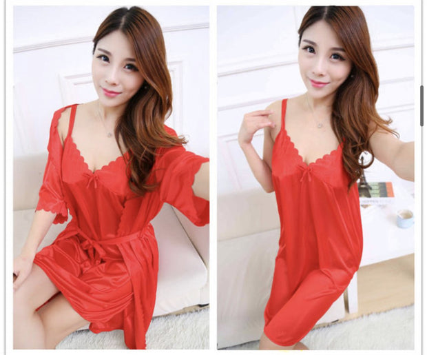 Short Night Dress & Full Sleeves Robe - Red - Satin
