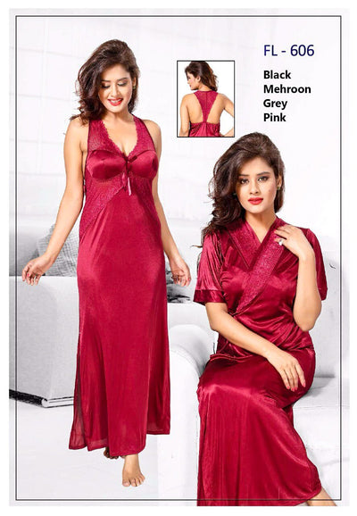 2 Pcs FL-606 - Maroon Flourish Exclusive Bridal Nighty Set Collection