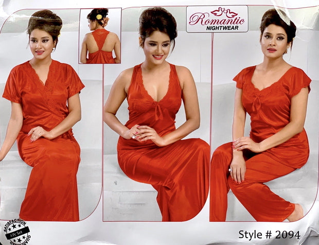 Romantic Nightwear - 4Pcs Bridal Nighty Sets - 2094 - Long Nighty with Gown & Pajama Set