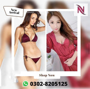 Set Of 3 - 2 Pcs Satin Short Night & Sexy Bikini Set - Maroon