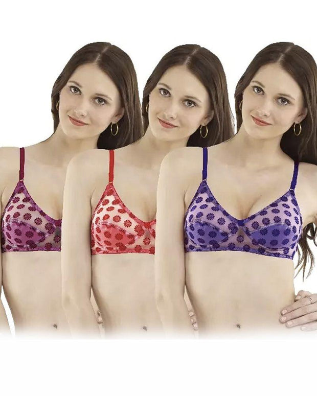 Pack Of 3 Madam Women's Floral Net Designed Bras - Non Padded,Non Wired