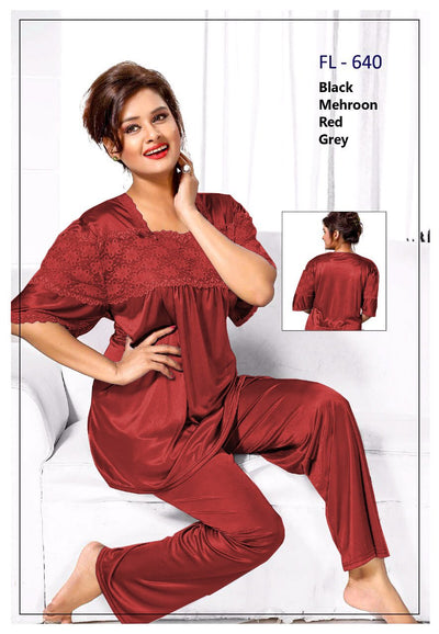 2 Pcs FL-640 - Maroon Flourish Exclusive Bridal Nighty Set Collection