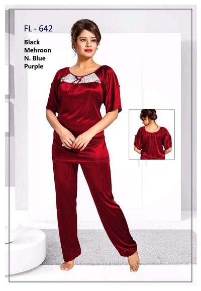 2 Pcs FL-642 - Maroon Flourish Exclusive Bridal Nighty Set Collection