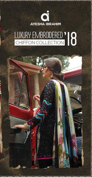 Ayesha Ibrahim Chiffon Dresses - Embroidered Silk Dupatta - Replica - Unstitched