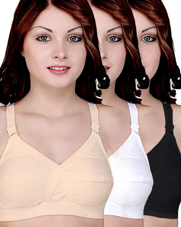 Pack of 3 - Basic Bra - Black, Skin & White  - Cotton Bra - Non Padded Bra - Non Wired Bra