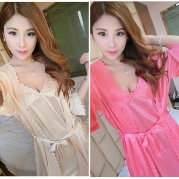 Pack Of 2 - Short Night Dress & Full Sleeves Robe - Pink & Skin