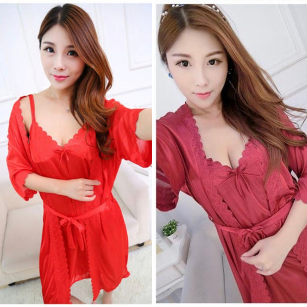 Pack Of 2 - Short Night Dress & Full Sleeves Robe - Maroon & Red