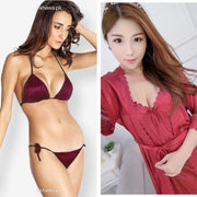 Set Of 3 - 2 Pcs Satin Short Night & Sexy Bikini Set - Maroon