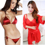 Set Of 3 - 2 Pcs Satin Short Night & Sexy Bikini Set - Red