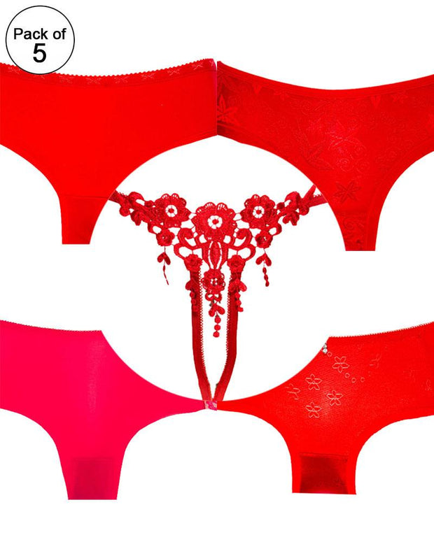 Pack of 5 - Embroidered MIx Cotton Net Panty For Women