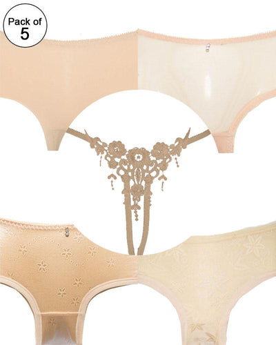 Pack of 5 - Embroidered MIx Cotton Net Panty For Women