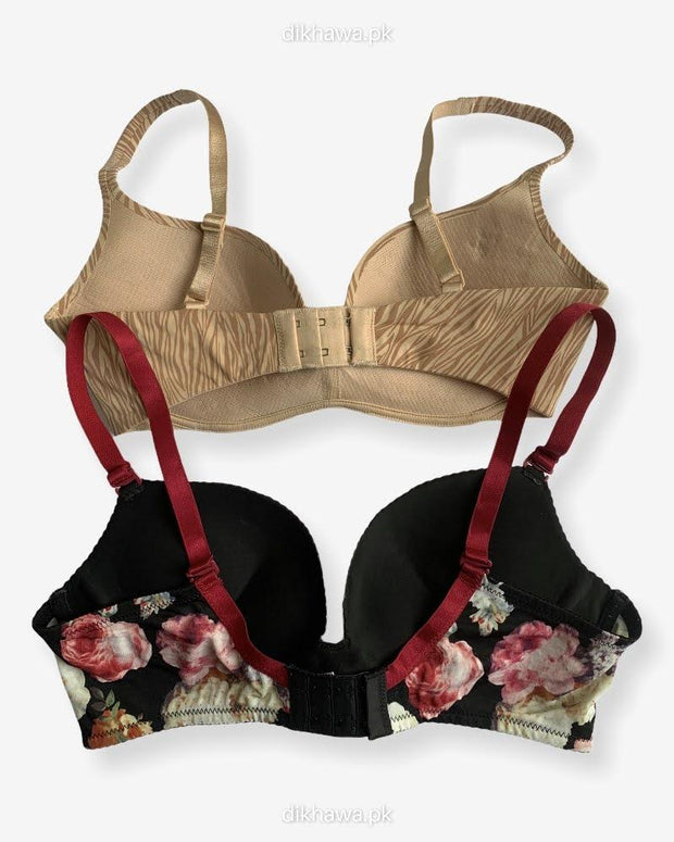 T-Shirt Bra -  Flower Design Soft Padded Imported Stocklot Branded Pushup Bra - Non Wired Bra -Double Padded Bra - Pack of 2