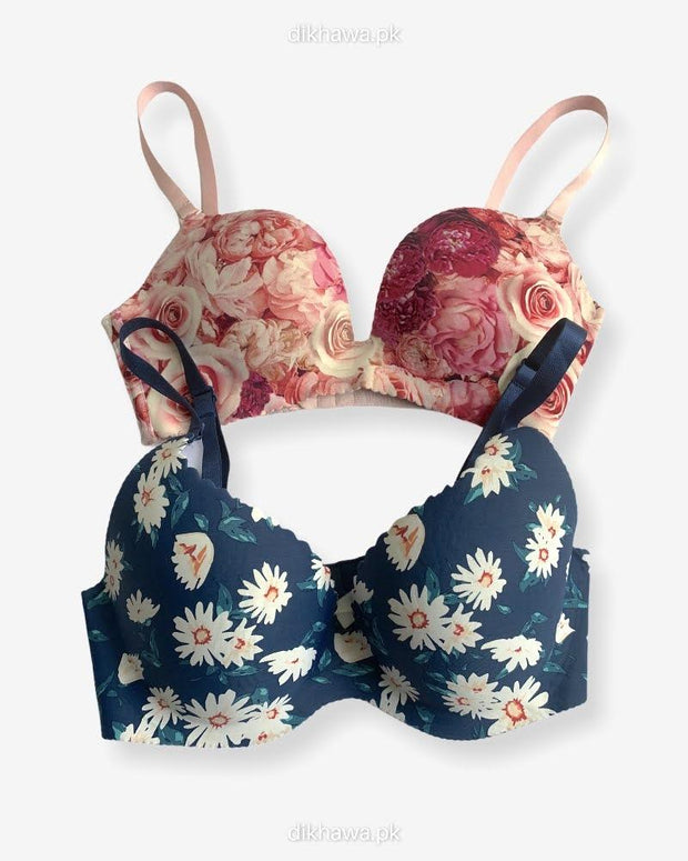 T-Shirt Bra -  Flower Design Soft Padded Imported Stocklot Branded Pushup Bra - Non Wired Bra -Double Padded Bra - Pack of 2