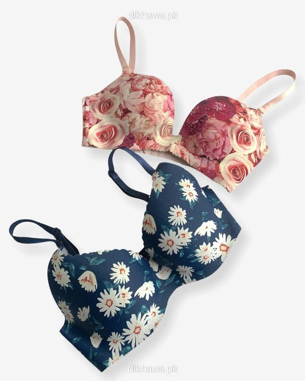 T-Shirt Bra -  Flower Design Soft Padded Imported Stocklot Branded Pushup Bra - Non Wired Bra -Double Padded Bra - Pack of 2