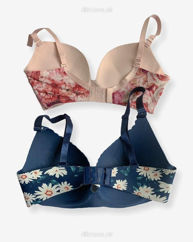 T-Shirt Bra -  Flower Design Soft Padded Imported Stocklot Branded Pushup Bra - Non Wired Bra -Double Padded Bra - Pack of 2