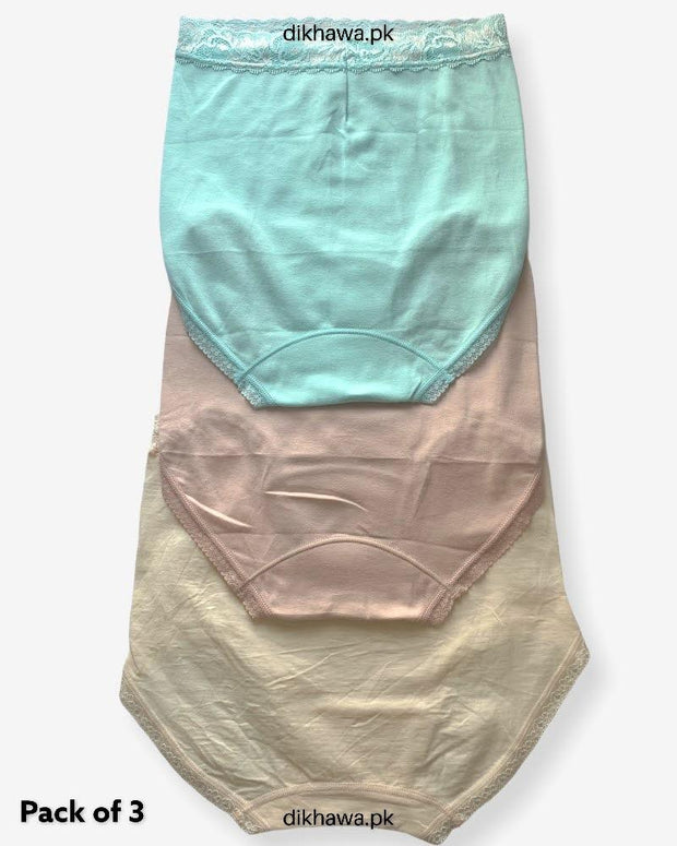 Pack of 3 Cotton High Waist Hipster With Lace Panels Panties - Soft Cotton Stretchable Jersey Panty