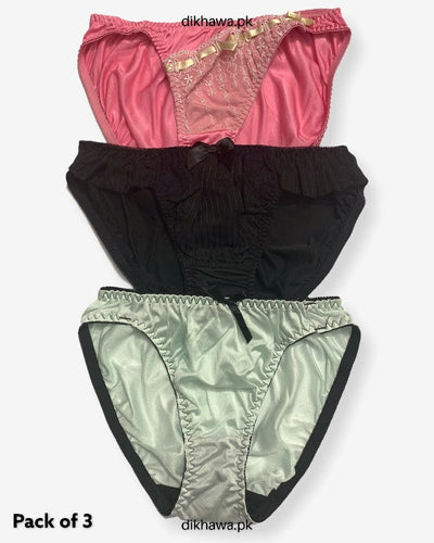 Pack of 3 Imported Stocklot Branded Net Panty With Silk Mid Waist Hipster Panty With Lace Panty