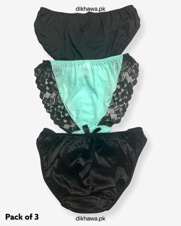 Pack of 3 Imported Stocklot Branded Net Panty With Silk Mid Waist Hipster Panty With Lace Panty