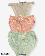 Pack of 3 Imported Stocklot Branded Net Panty With Silk Mid Waist Hipster Panty With Lace Panty