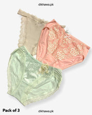 Pack of 3 Imported Stocklot Branded Net Panty With Silk Mid Waist Hipster Panty With Lace Panty