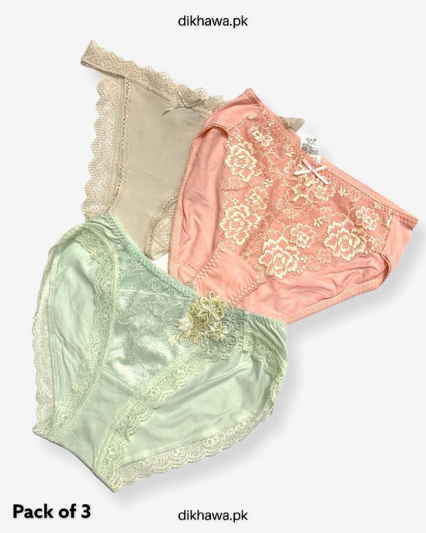 Pack of 3 Imported Stocklot Branded Net Panty With Silk Mid Waist Hipster Panty With Lace Panty