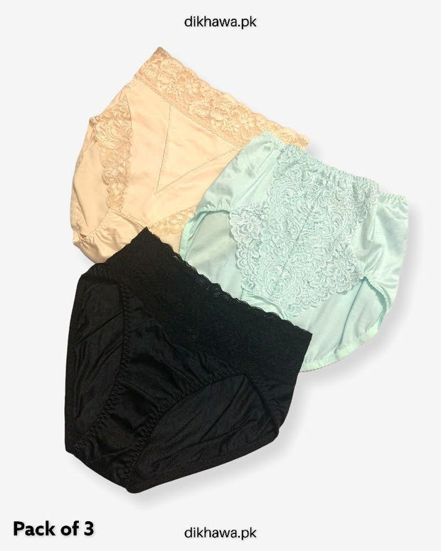 Pack of 3 Imported Stocklot Branded Net Panty With Silk Mid Waist Hipster Panty With Lace Panty