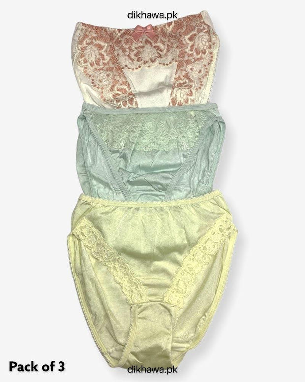 Pack of 3 Imported Stocklot Branded Net Panty With Silk Mid Waist Hipster Panty With Lace Panty