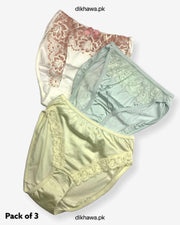 Pack of 3 Imported Stocklot Branded Net Panty With Silk Mid Waist Hipster Panty With Lace Panty