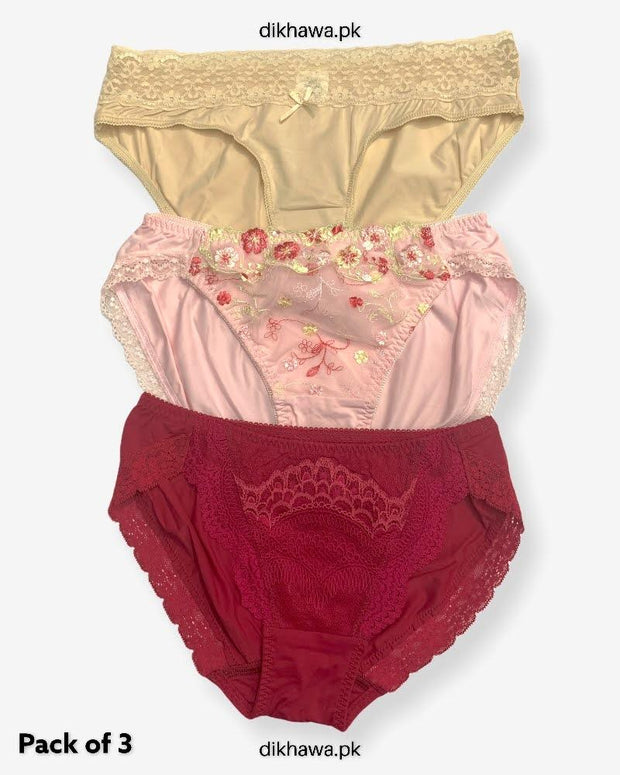 Pack of 3 Imported Stocklot Branded Net Panty With Silk Mid Waist Hipster Panty With Lace Panty